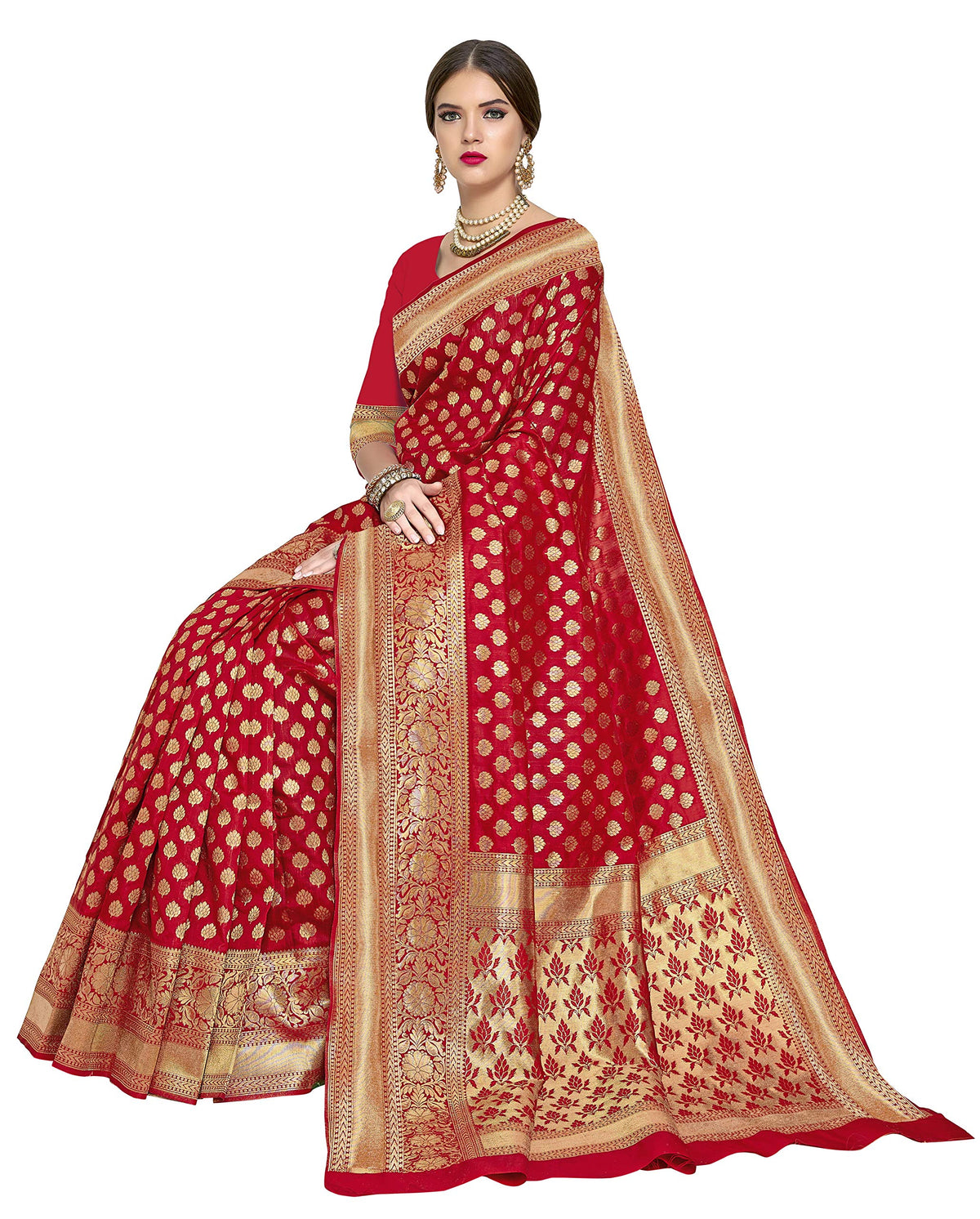 Glory Sarees Women's Woven Pure Soft Kanjivaram Silk Saree Banarasi Style With Blouse Piece for Wedding (kara115red_Red)