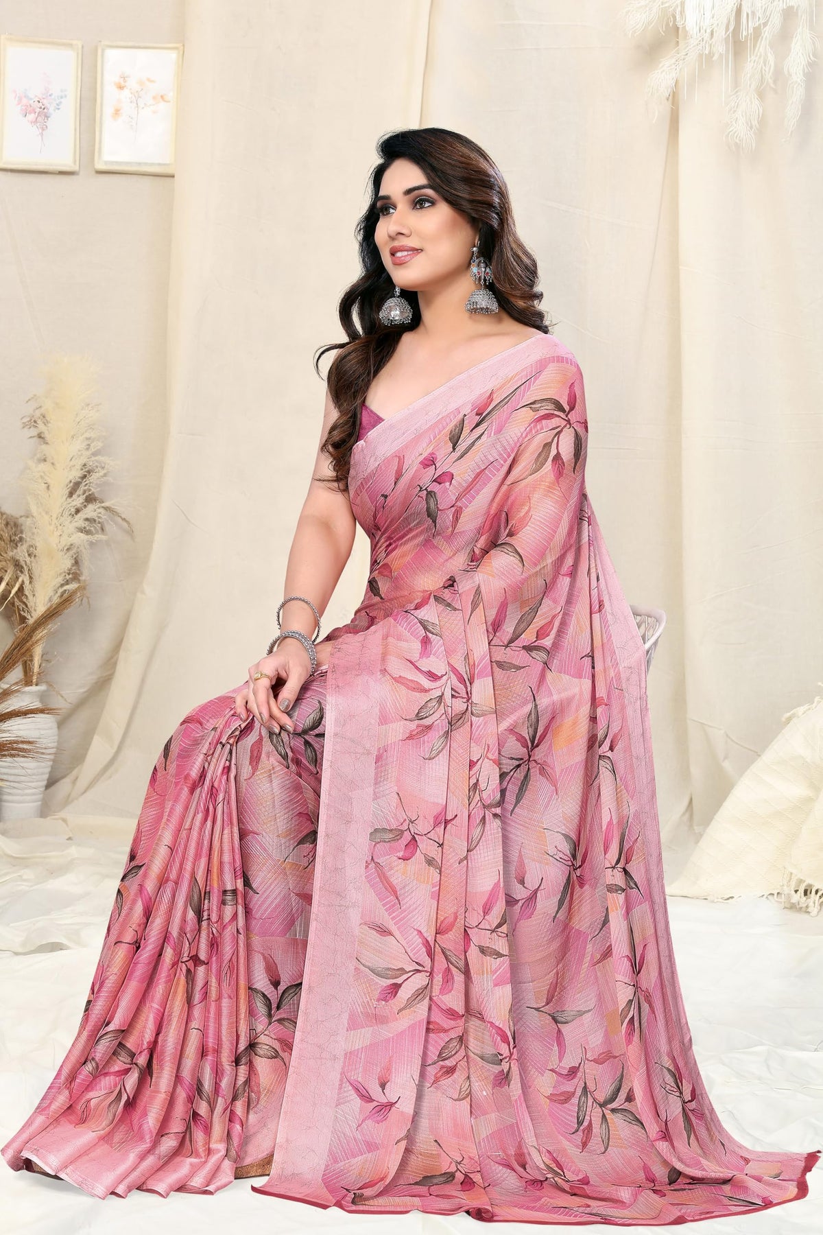 MIRCHI FASHION Chiffon Georgette Floral Printed Sarees for Women with Blouse Piece (40771-Peach)