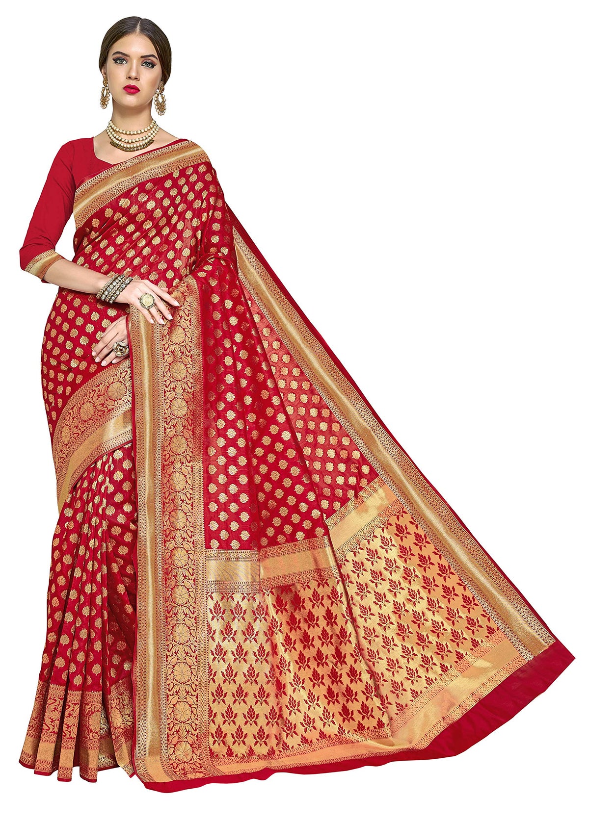 Glory Sarees Women's Woven Pure Soft Kanjivaram Silk Saree Banarasi Style With Blouse Piece for Wedding (kara115red_Red)